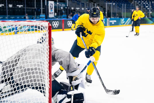 Elias Pettersson of Sweden at an ice hockey practice session