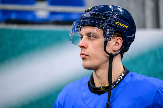 Joel Eriksson Ek of Sweden at an ice hockey practice session