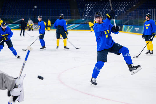 Lucas Raymond of Sweden at an ice hockey practice session