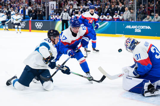 Sebastian Aho of Finland and Simon Nemec and Samuel Hlavaj