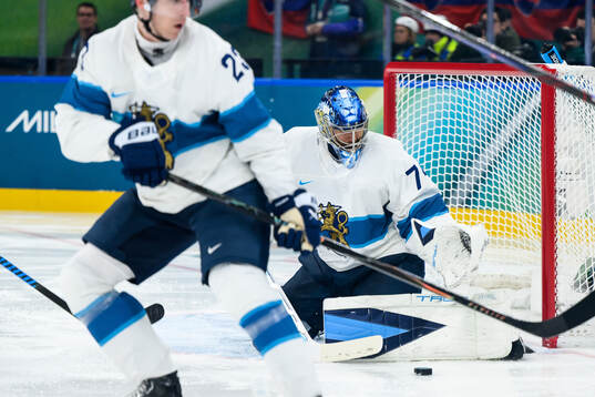 Juuse Saros of Finland in the men's ice hockey game between