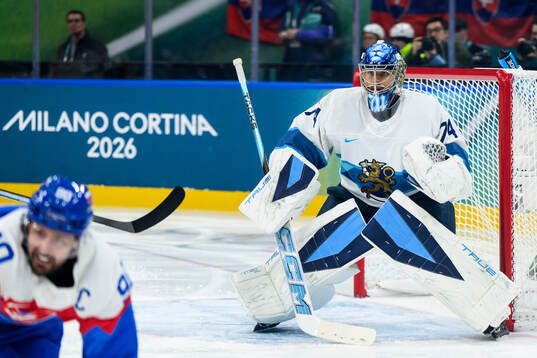 Juuse Saros of Finland in the men's ice hockey game between
