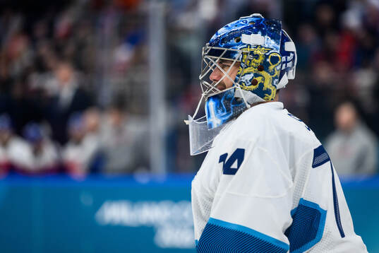 Juuse Saros of Finland in the men's ice hockey game between