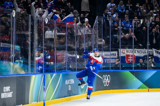 Juraj Slafkovsky of Slovakia celebrates