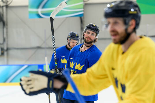 Adrian Kempe of Sweden at an ice hockey practice session