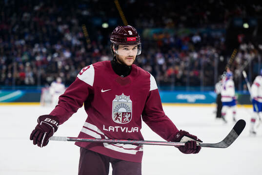 Renars Krastenbergs of Latvia in the men's ice hockey game