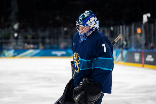 goaltender Sanni Ahola of Finland looks dejected in the
