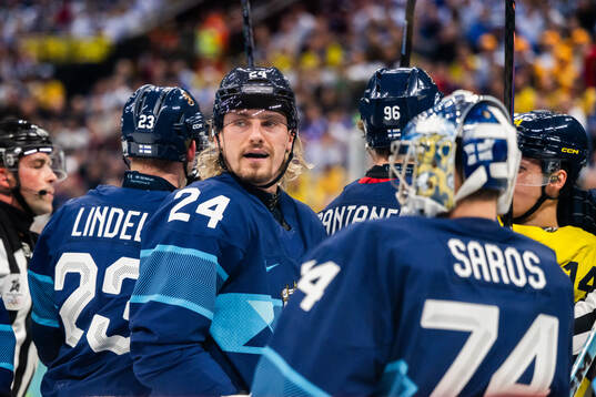 Roope Hintz of Finland in the men's ice hockey game between