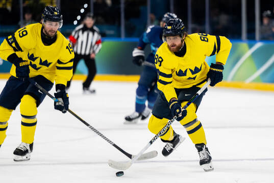 Adrian Kempe and William Nylander of Sweden in the men's
