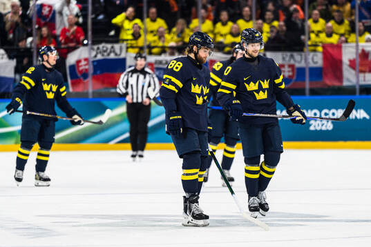 William Nylander and Elias Pettersson of Sweden looks