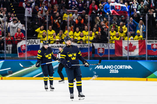 Mika Zibanejad and Elias Pettersson of Sweden looks dejected
