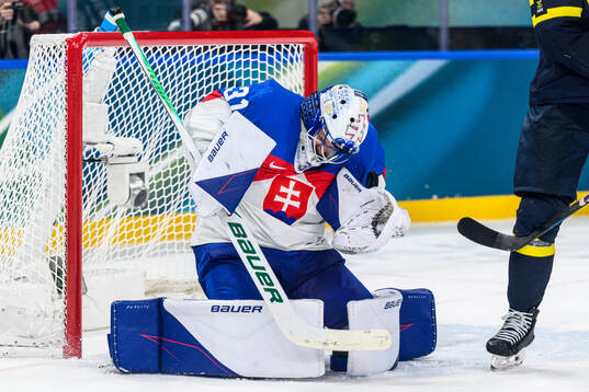 Goaltender Samuel Hlavaj of Slovakia in the men's ice