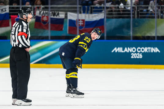 Lucas Raymond of Sweden reacts in the men's ice hockey game