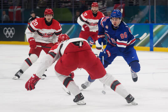 Jack Hughes of USA in the men's ice hockey game between USA