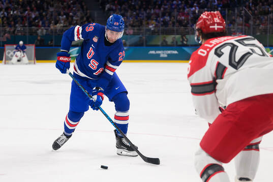 Brock Nelson of USA in the men's ice hockey game between