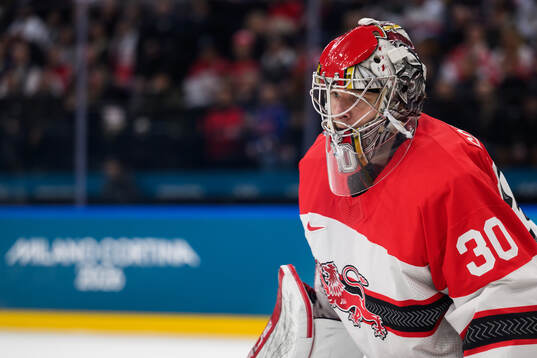 Goaltender Mads Søgaard of Denmark in the men's ice hockey