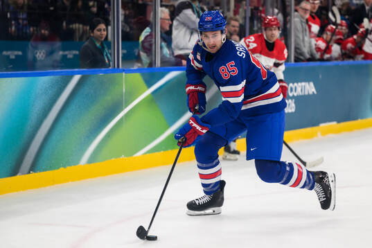 Jake Sanderson of USA in the men's ice hockey game between