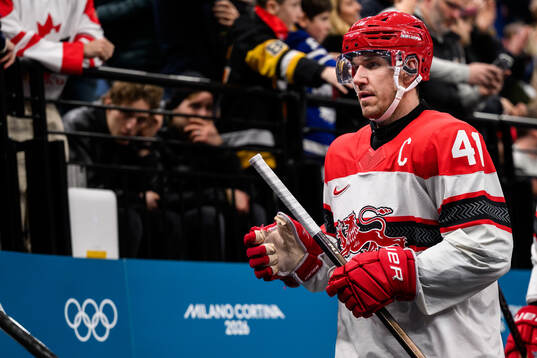 Jesper Jensen Aabo of Denmark in the men's ice hockey game