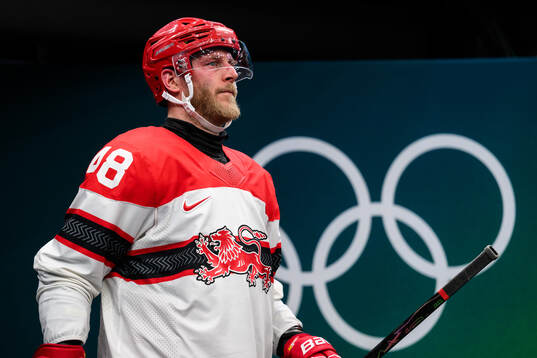 Nicholas B Jensen of Denmark in the men's ice hockey game
