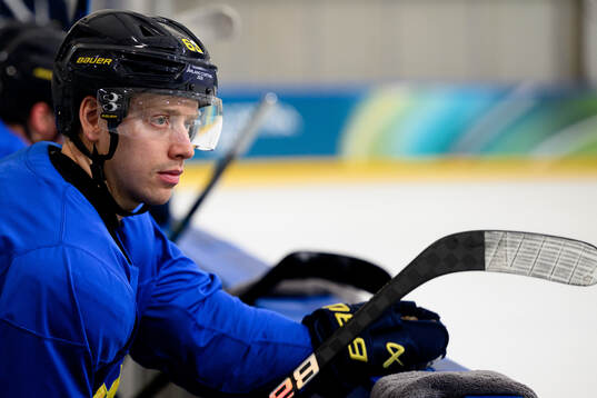 Jesper Bratt of Sweden at an ice hockey practice session