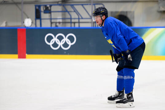Lucas Raymond of Sweden at an ice hockey practice session