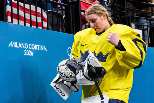 Goaltender Ebba Svensson Träff of Sweden looks dejected in