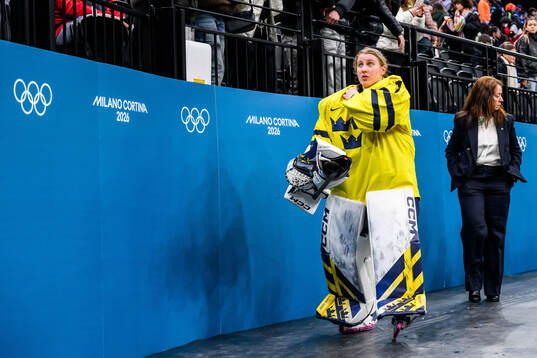 Goaltender Ebba Svensson Träff of Sweden looks dejected in