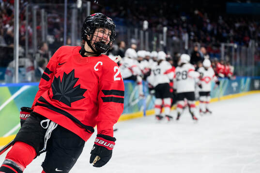 Marie-Philip Poulin of Canada reacts in the women's ice