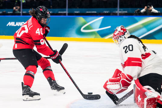 Blayre Turnbull of Canada against goaltender Andrea