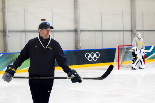 Assistant coach Stefan Klockare of Sweden at an ice hockey