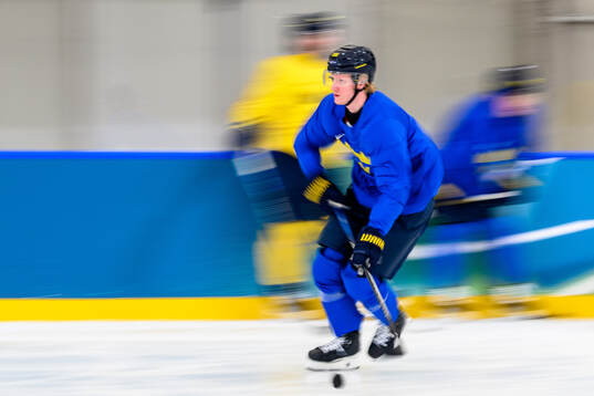 Rasmus Dahlin of Sweden at an ice hockey practice session