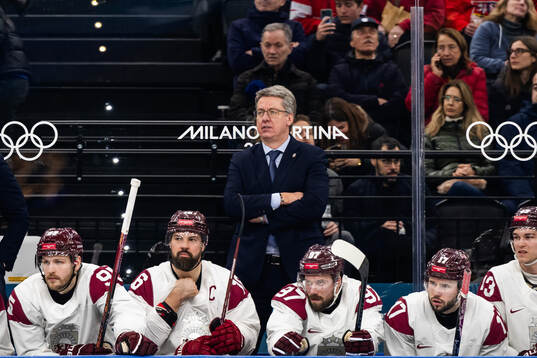 Head coach Harijs Vitolins of Latvia in the men's ice