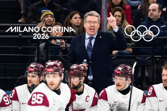 Head coach Harijs Vitolins of Latvia in the men's ice