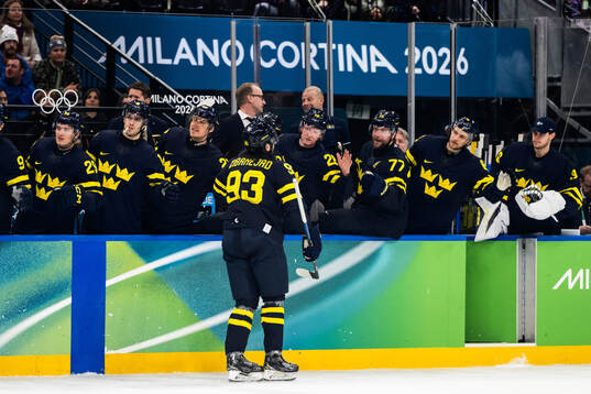 Mika Zibanejad of Sweden celebrates with teammates