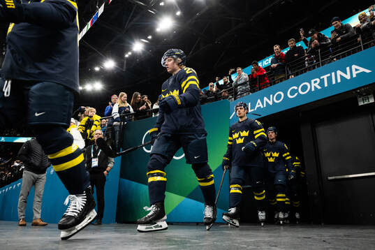 Rasmus Dahlin, Joel Eriksson Ek and Rickard Rakell of Sweden