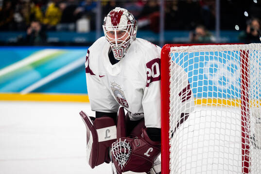 Goaltender Elvis Merzlikins of Latvia in the men's ice