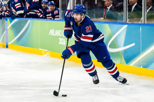 Dylan Larkin of USA in the men's ice hockey quarterfinal