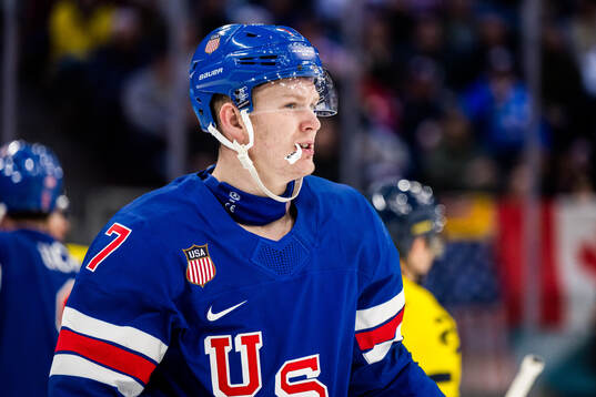 Brady Tkachuk of USA in the men's ice hockey quarterfinal