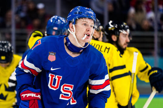 Brady Tkachuk of USA in the men's ice hockey quarterfinal