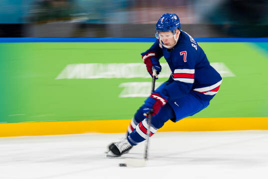 Brady Tkachuk of USA in the men's ice hockey quarterfinal