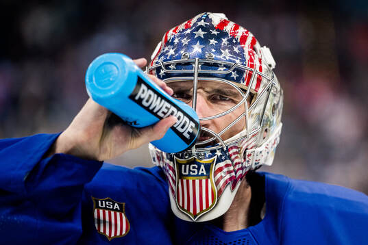 Goaltender Connor Hellebuyck of USA in the men's ice hockey