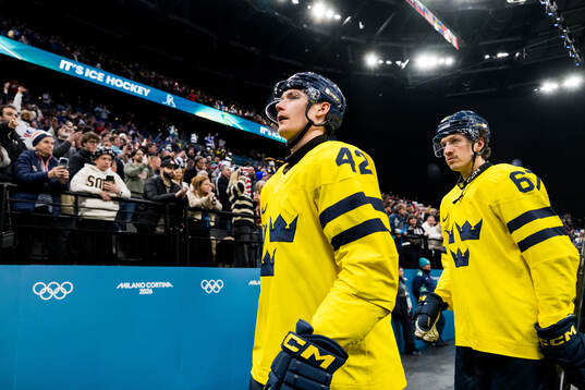 Gustav Forsling and Rickard Rakell of Sweden look dejected