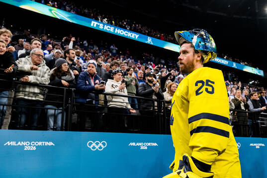Goaltender Jacob Markström of Sweden looks dejected
