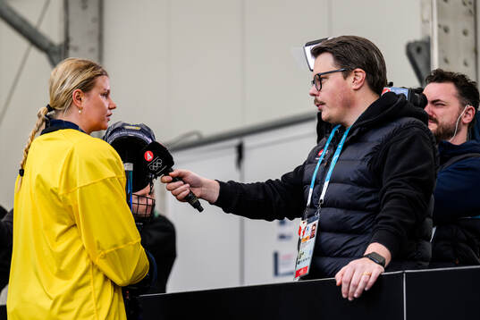 Maja Nylén Persson of Sweden speaks to media