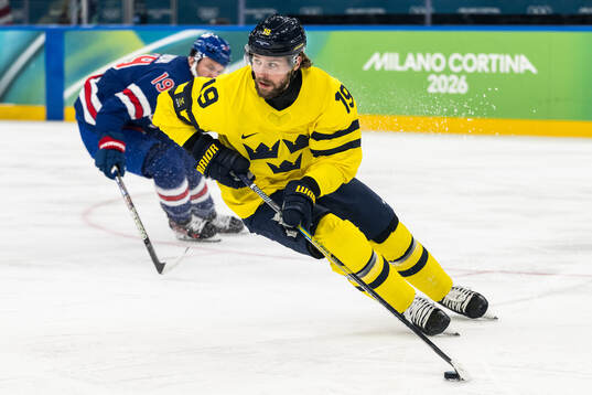 Adrian Kempe of Sweden in the men's ice hockey quarterfinal