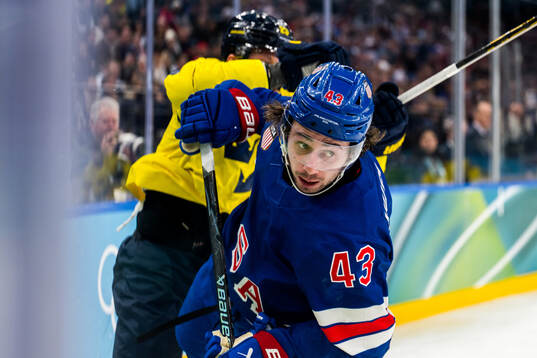 Lucas Raymond of Sweden and Quinn Hughes of USA in the