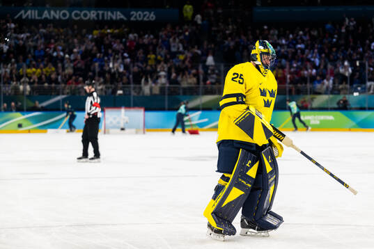 Goaltender Jacob Markström of Sweden looks dejected in the
