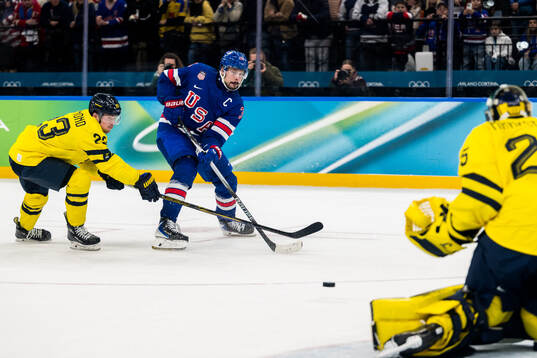 Lucas Raymond of Sweden and Auston Matthews of USA in the