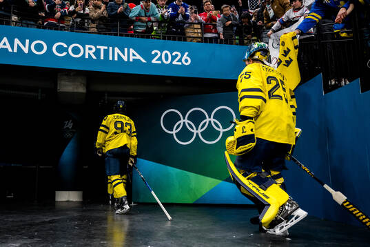 Mika Zibanejad and goaltender Jacob Markström of Sweden
