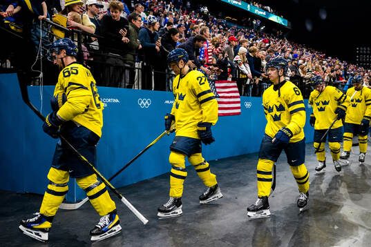 Erik Karlsson, Hampus Lindholm and Jesper Bratt of Sweden